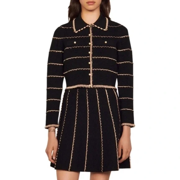 NWT Sandro Black Tweed Two-Piece Jacket & Skirt Set with Cream Trim - Picture 3 of 10